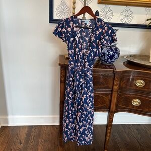Draper James Navy Floral Linen Wrap Dress Size 6